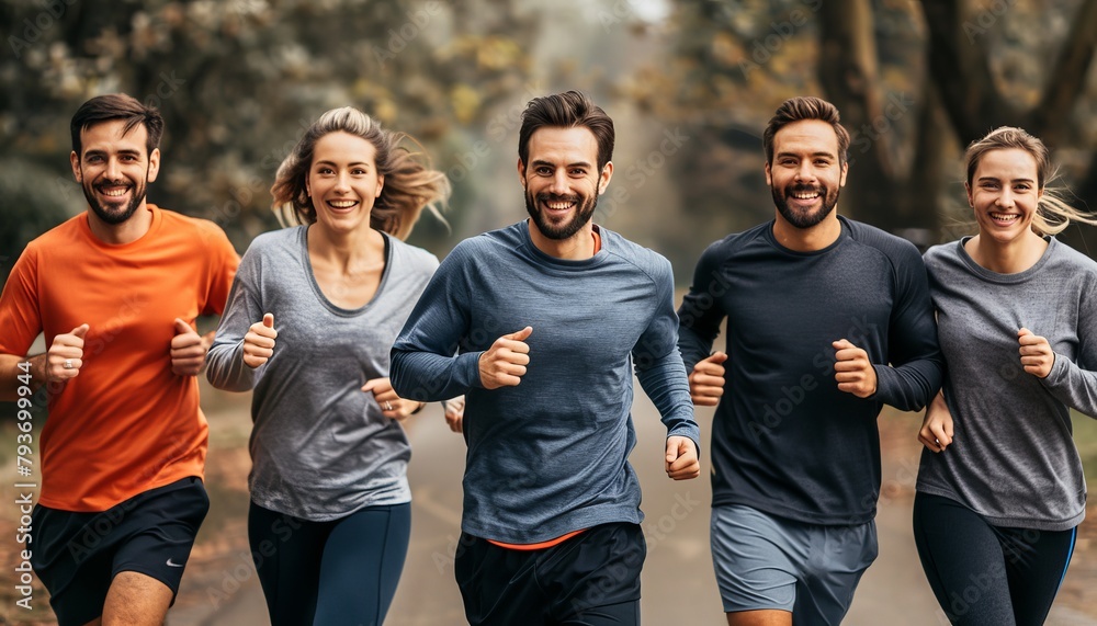 Wall mural group of friends in sportswear joyfully running together at the park in the early morning sunlight