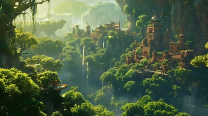 Lush Jungle Landscape with Towering Ancient Ruins and Cascading Waterfall in a Fantastical Otherworldly Setting