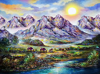 hand drawn art painting oil color rocky mountain landscape