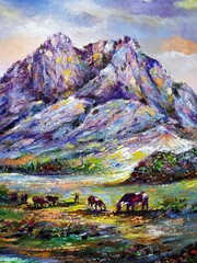 hand drawn art painting oil color  rocky mountain  landscape 