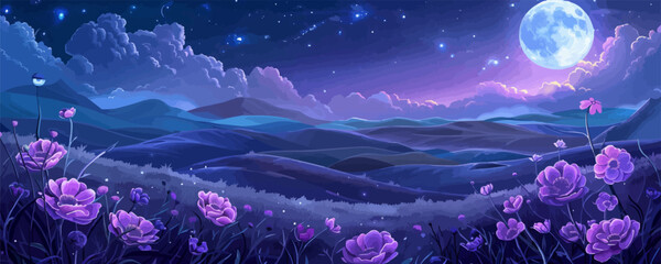 A beautiful purple field with a large moon in the sky
