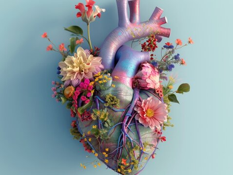 This captivating image depicts a human heart anatomical model embellished with a vibrant assortment of flowers injecting life and beauty into the concept of anatomy