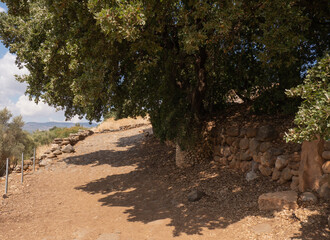Empty old dirt road and ancient stone wall in historical place in Israel. Ancient city in desert