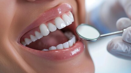 a happy female patient smiling at a dentist holding a mirror and tooth