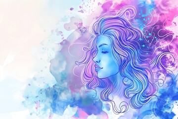 Cartoon style girl face sketch on blue, violet and purple color watercolor background with copy space , post card design 