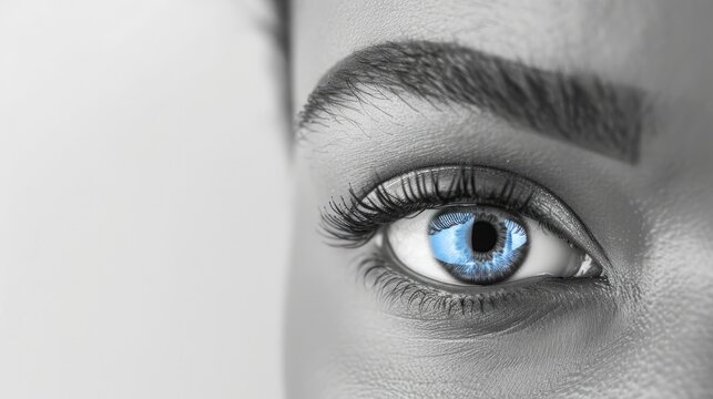 An image in black and white showing a womans right eye in closeup with a blue iris