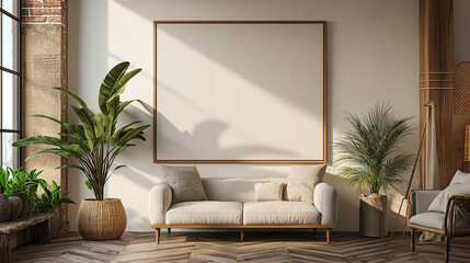 Frame and poster mockup, frame on empty wall, interior mockup with house background. Modern soft minimalism and boho interior design. 3D rendering style, luxury apartment