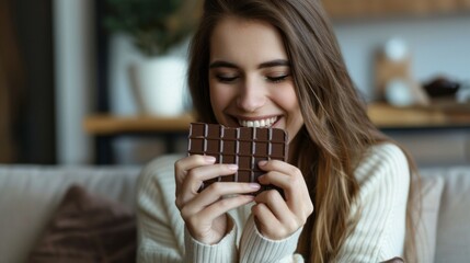 A woman is holding a chocolate bar and smiling