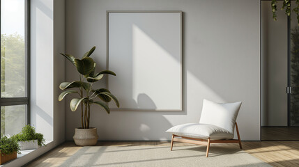 Frame and poster mockup, frame on empty wall, interior mockup with house background. Modern soft minimalism and boho interior design. 3D rendering style, luxury apartment