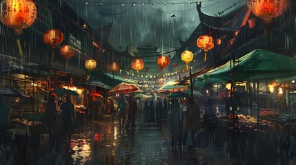 Lively Nighttime Street Market with Colorful Lanterns and Umbrellas Under the Rain