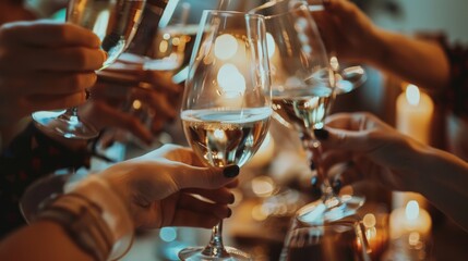 Amidst the clatter of cutlery, friends toasting raise their glasses in a gesture of unity, marking moments of triumph and resilience. - obrazy, fototapety, plakaty