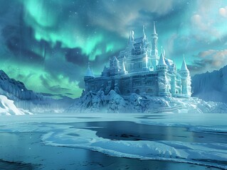 Fototapeta premium Captivating Ice Castle Bathed in Shimmering Northern Lights over Frozen Lake and Snowy Mountains