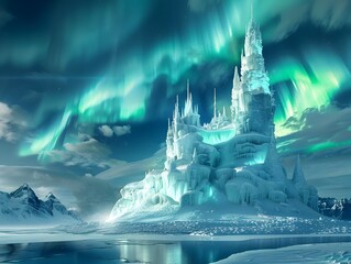 Enchanting Castle Amidst Breathtaking Northern Lights Display Over Frozen Fjord Landscape