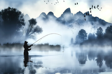 A man is fishing in a lake with a bird flying in the background