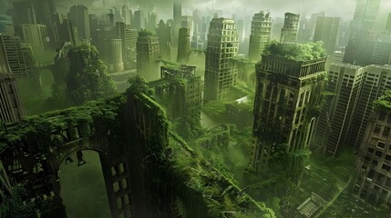 Lush Futuristic Metropolis Emerges from Decay and Overgrowth in Moody Dystopian Cityscape