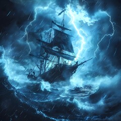 Dramatic Storm at Sea with Sailing Ship in Turbulent Clouds and Crashing Waves