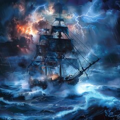 Majestic Storm Tossed Ship Battling Fierce Ocean Tempest in Dramatic Night Seascape