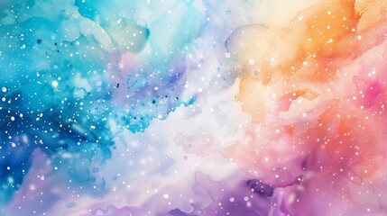A colorful painting of a galaxy with a blue and white background and a pink and orange swirl. The painting is full of bright colors and has a dreamy, whimsical feel to it