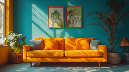 Frame and poster mockup, frame on empty wall, interior mockup with house background. Modern soft minimalism and boho interior design. 3D rendering style, luxury apartment
