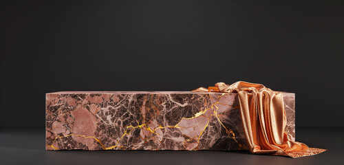 Elegant rose marble pedestal with gold veins and rose gold cloth in a 3D render. - obrazy, fototapety, plakaty