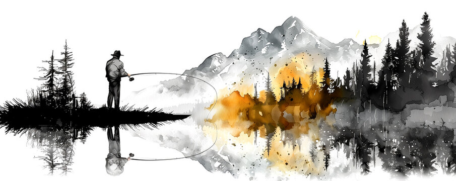 A man is fishing in a lake with mountains in the background