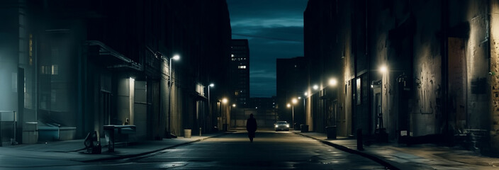 Man on a dark downtown back alley at night after raining - Urban back street with atmospheric lighting