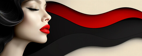 A woman with red lips and black hair is the main focus of the image - obrazy, fototapety, plakaty