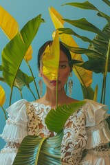 Vivid yellow banana leaves surround a woman in a white dress with floral embroidery, evoking freshness