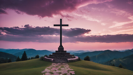 Sacred Christian cross under pink sky sunset 