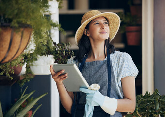 Florist, tablet or woman in business thinking for growth, development ideas and agriculture...