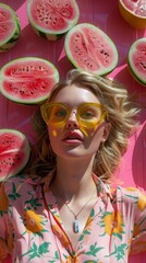 A fashionable woman lies amidst watermelon halves, her yellow sunglasses reflecting a bright and playful summertime mood