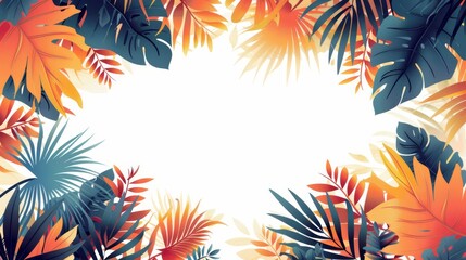 Minimalist summer sale design, stark white background, delicate tropical vine border, bold central copy space, sunset colors - obrazy, fototapety, plakaty