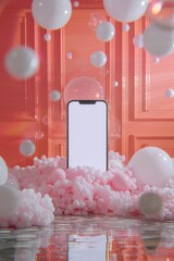 A stylish image with a sleek smartphone surrounded by pink and white spheres, creating an atmosphere of high-tech elegance