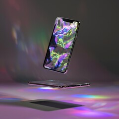 The image features a levitating smartphone with a shiny, holographic surface above a modern desk setting, with a vibrant ambiance