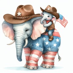 Elephant Father and Son. Patriotic with American Flag. Watercolor 4th July Memorial Day Clip Art. Celebration USA (United State) Art Cute Kid Cartoon For Independence Day or Father Day