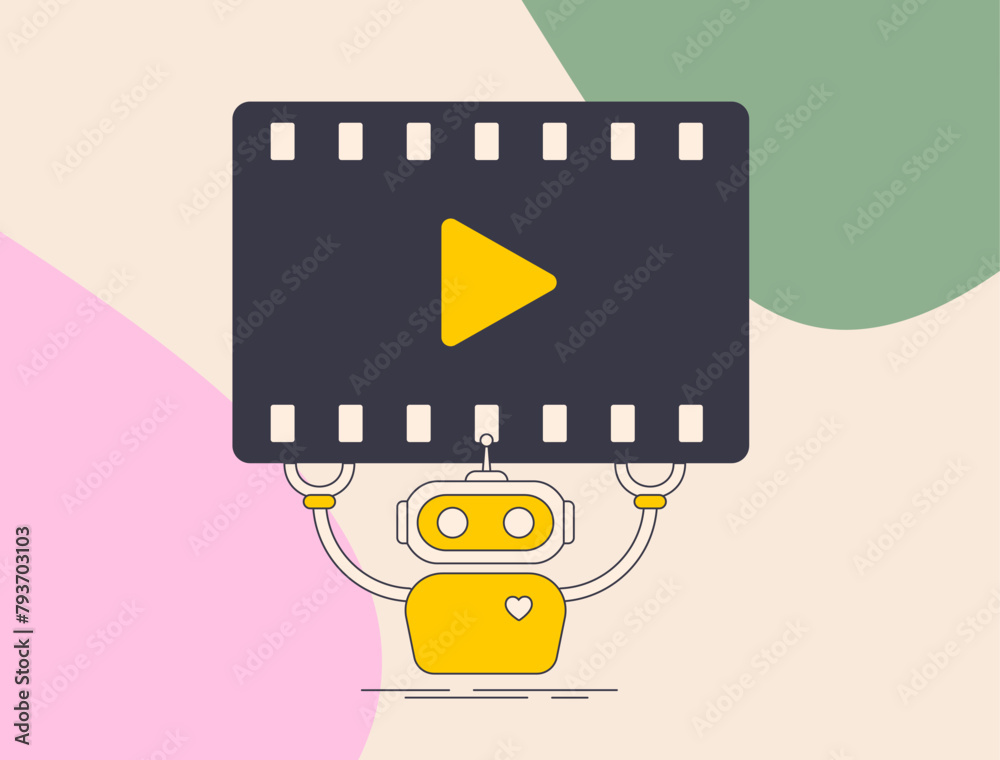 Poster AI-driven video content creation. Automated video editing and procedurally generated animations. AI-generated video content vector illustration with icons. Robot holding movie frame icon
