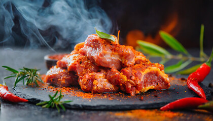 Close-up of raw marinated pork. Spicy marinade. Fresh meat pieces for BBQ. Culinary concept.