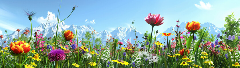 Vibrant spring meadow with a variety of wildflowers, 3D vector, full of color and life