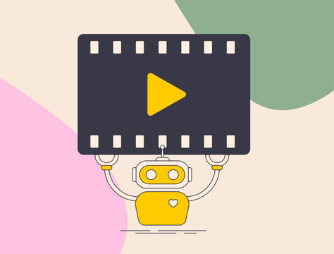 AI-driven video content creation. Automated video editing and procedurally generated animations. AI-generated video content vector illustration with icons. Robot holding movie frame icon