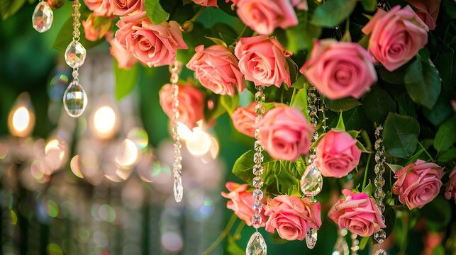 This image shows several pink roses that are fully bloomed with green leaves and clear crystal beads hanging from them. 