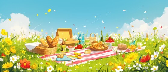 Picnic in the park scene border, community summer sales banner, green grass and colorful picnic items