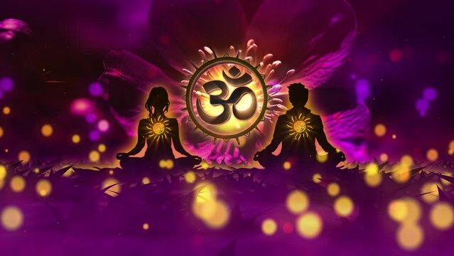 om, advaita, yoga on purple background, flower, AE, chakra, looped video, mandala.