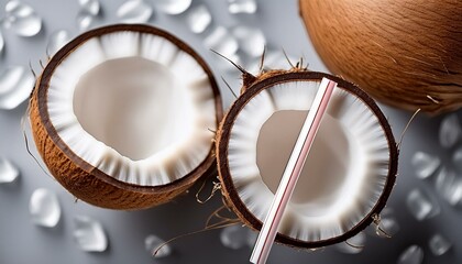 Fototapeta premium Top View: Halved Coconut Cocktail with Drinking Straw, Realistic Vector Illustration on Gray Background