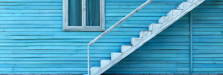 Home exterior design  Blue wooden house wall and stairs to upper floor,  White windows frame and pastel wall. 


