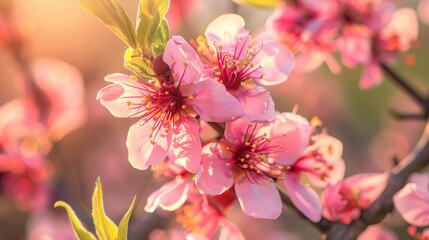 Obraz premium Close up photograph of peach blossoms on a sunny spring day