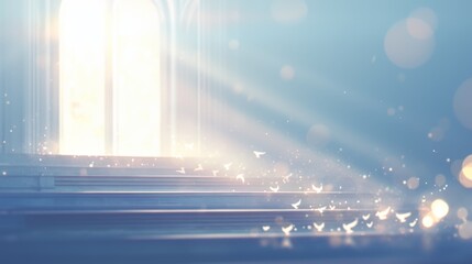 The Christian church is the blurred background, the stairs lead to a door, there are some white doves on the stairs, love and hope, the background is sunlight and bokeh, used to symbolize the relation - obrazy, fototapety, plakaty
