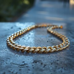 A luxurious golden cuban chain link necklace rests upon a background capturing the essence of wealth, style and elegance. Great as product design inspiration