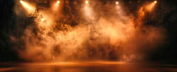 Empty stage with spotlights and smoke banner background with cop