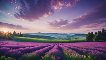 Violet lavender field under summer purple sky