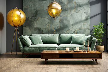 Green sofa against marble stone wall. Art deco style interior design of modern living room, home.